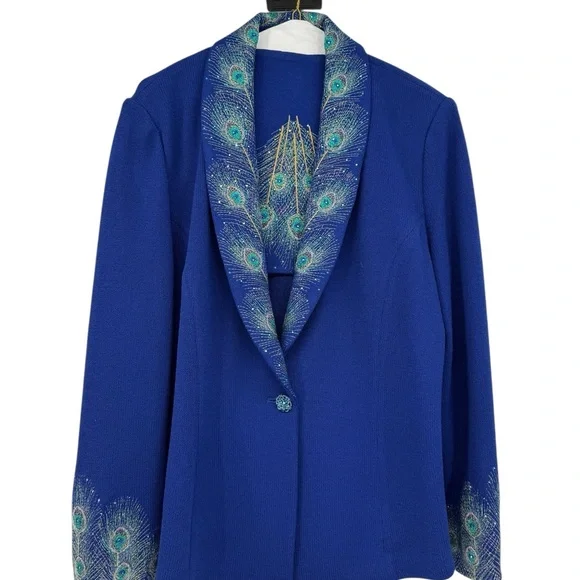 St. John Evening Blue Knit Bib Skirt Suit Jacket 12 Skirt 8 Embellished Peacock - Picture 5 of 16